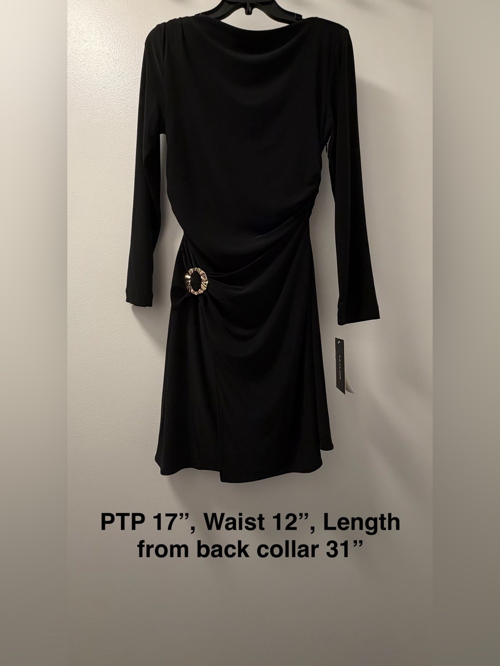 NWT Taylor Black Ruched Gold Ring Long-Sleeve Dress Size 4 - Picture 2 of 10